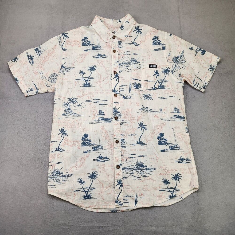 Salty Crew Button Up Shirt Mens L Short Sleeve Palm Trees Fishing Boats Hawaiian